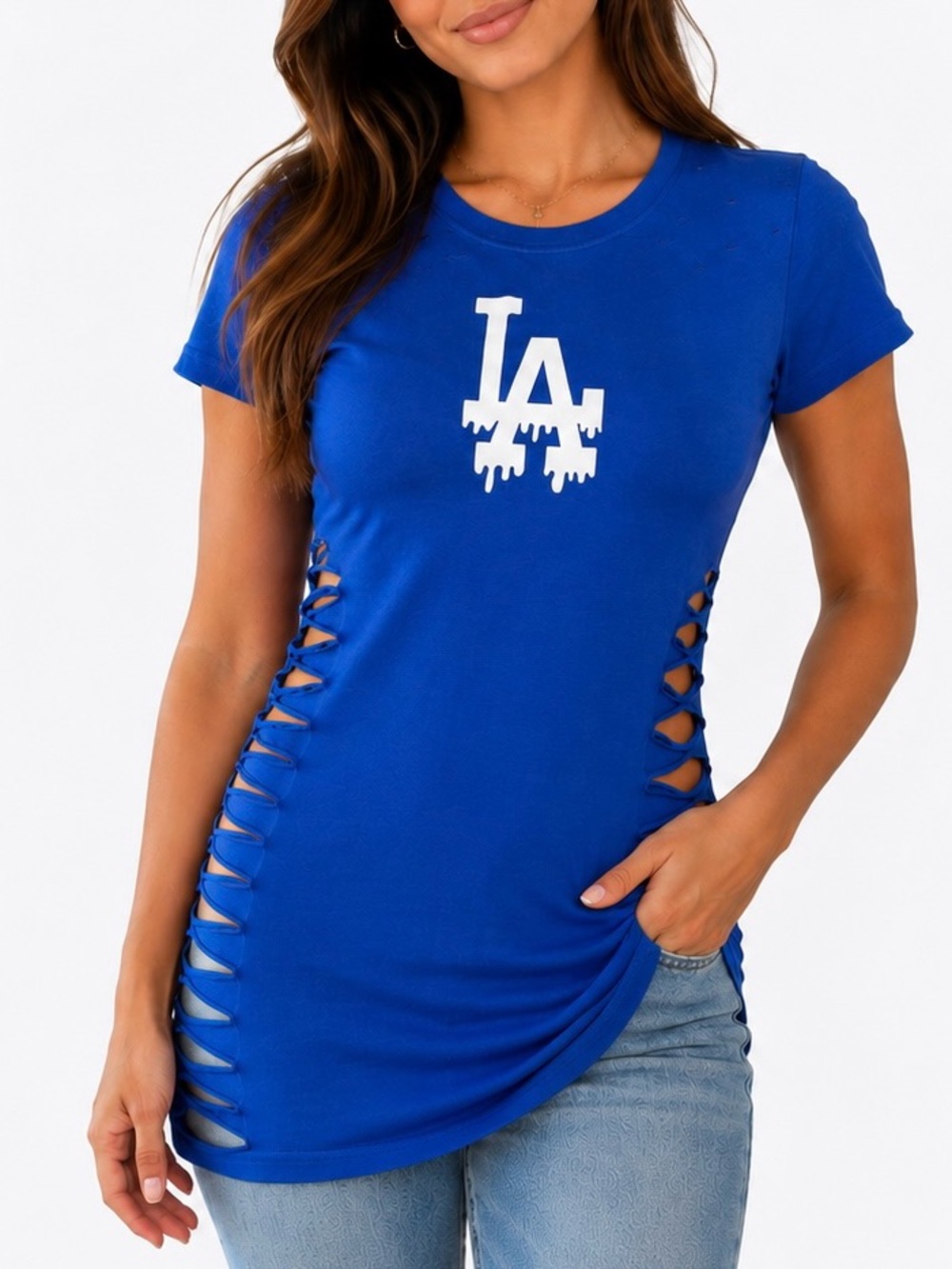 Royal Blue LA Dodgers baseball cut-out shirt, Mothers Day Los Angeles Outfit